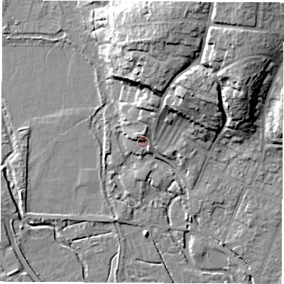 Shaded relief map of the ground around SO506LR, computed from Environment Agency LiDAR. The ground here sits at about 15 m above sea level and falls 27 m across the surrounding 800 m. Surface water reaching this point runs off ground lying to the north-east, 13.4 m higher.