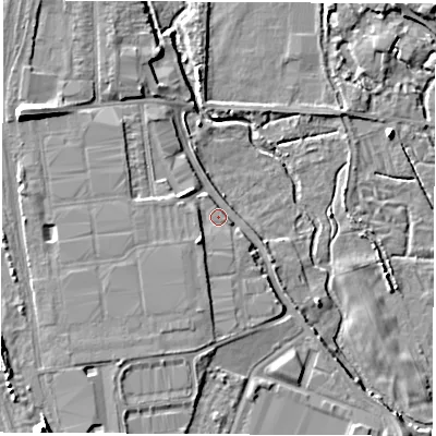 Shaded relief map of the ground around SO506PQ, computed from Environment Agency LiDAR. The ground here sits at about 14 m above sea level and falls 13 m across the surrounding 800 m. Surface water reaching this point runs off ground lying to the south-west, 3.9 m higher.