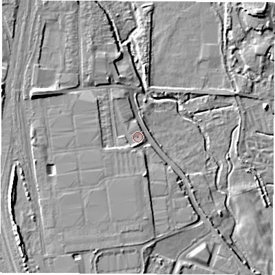 Shaded relief map of the ground around SO506RP, computed from Environment Agency LiDAR. The ground here sits at about 13 m above sea level and falls 11 m across the surrounding 800 m. Surface water reaching this point runs off ground lying to the south-south-west, 1.4 m higher.