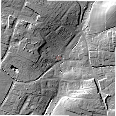 Shaded relief map of the ground around SO507AH, computed from Environment Agency LiDAR. The ground here sits at about 29 m above sea level and falls 28 m across the surrounding 800 m. Surface water reaching this point runs off ground lying to the north-west, 16.5 m higher.
