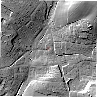 Shaded relief map of the ground around SO507AJ, computed from Environment Agency LiDAR. The ground here sits at about 31 m above sea level and falls 32 m across the surrounding 800 m. Surface water reaching this point runs off ground lying to the north-north-east, 3.5 m higher.