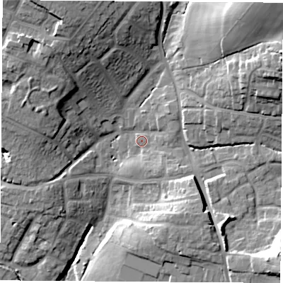 Shaded relief map of the ground around SO507AL, computed from Environment Agency LiDAR. The ground here sits at about 29 m above sea level and falls 30 m across the surrounding 800 m. Surface water reaching this point runs off ground lying to the south-east, 11.3 m higher.