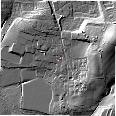 Shaded relief map of the ground around SO507AN, computed from Environment Agency LiDAR. The ground here sits at about 33 m above sea level and falls 37 m across the surrounding 800 m. Surface water reaching this point runs off ground lying to the east-north-east, 24.8 m higher.
