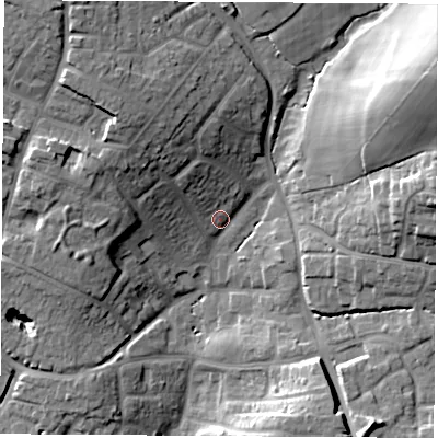 Shaded relief map of the ground around SO507AT, computed from Environment Agency LiDAR. The ground here sits at about 31 m above sea level and falls 28 m across the surrounding 800 m. Surface water reaching this point runs off ground lying to the north-west, 17.6 m higher.