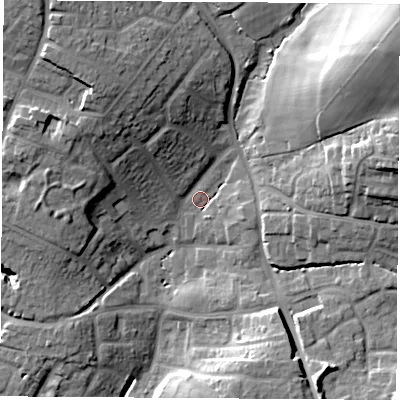 Shaded relief map of the ground around SO507AU, computed from Environment Agency LiDAR. The ground here sits at about 29 m above sea level and falls 29 m across the surrounding 800 m. Surface water reaching this point runs off ground lying to the north-east, 24.7 m higher.