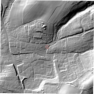 Shaded relief map of the ground around SO507BH, computed from Environment Agency LiDAR. The ground here sits at about 37 m above sea level and falls 36 m across the surrounding 800 m. Surface water reaching this point runs off ground lying to the north-north-east, 24.9 m higher.