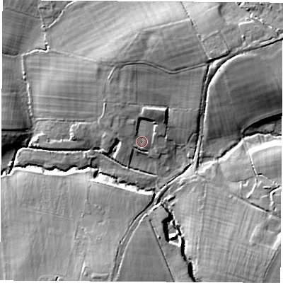 Shaded relief map of the ground around SO507DD, computed from Environment Agency LiDAR. The ground here sits at about 17 m above sea level and falls 17 m across the surrounding 800 m. Surface water reaching this point runs off ground lying to the north-north-west, 2.3 m higher.