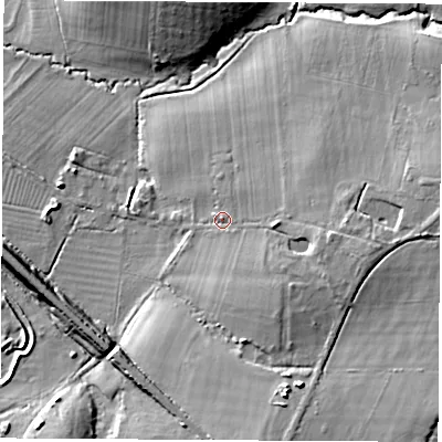 Shaded relief map of the ground around SO507DE, computed from Environment Agency LiDAR. The ground here sits at about 15 m above sea level and falls 14 m across the surrounding 800 m. Surface water reaching this point runs off ground lying to the east-south-east, 6.3 m higher.