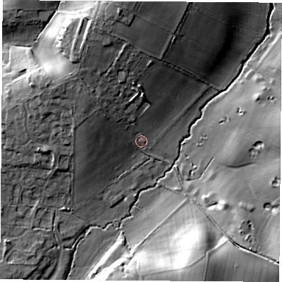 Shaded relief map of the ground around SO507DY, computed from Environment Agency LiDAR. The ground here sits at about 32 m above sea level and falls 22 m across the surrounding 800 m. Surface water reaching this point runs off ground lying to the north-west, 11.8 m higher.