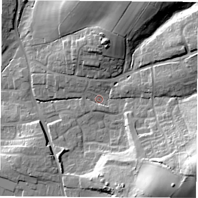 Shaded relief map of the ground around SO507ED, computed from Environment Agency LiDAR. The ground here sits at about 35 m above sea level and falls 35 m across the surrounding 800 m. Surface water reaching this point runs off ground lying to the south-east, 30.2 m higher.