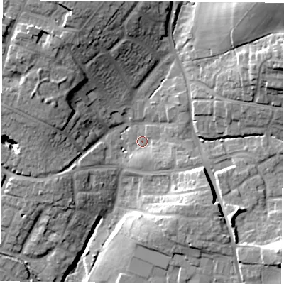 Shaded relief map of the ground around SO507EZ, computed from Environment Agency LiDAR. The ground here sits at about 28 m above sea level and falls 29 m across the surrounding 800 m. Surface water reaching this point runs off ground lying to the north-east, 24.3 m higher.