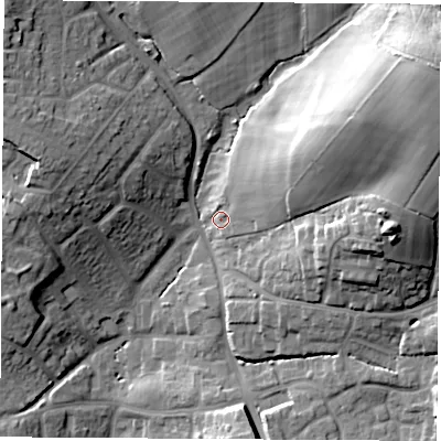 Shaded relief map of the ground around SO507GT, computed from Environment Agency LiDAR. The ground here sits at about 34 m above sea level and falls 30 m across the surrounding 800 m. Surface water reaching this point runs off ground lying to the north-east, 18.8 m higher.