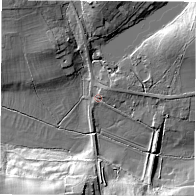 Shaded relief map of the ground around SO507HE, computed from Environment Agency LiDAR. The ground here sits at about 27 m above sea level and falls 28 m across the surrounding 800 m. Surface water reaching this point runs off ground lying to the east, 5.8 m higher.