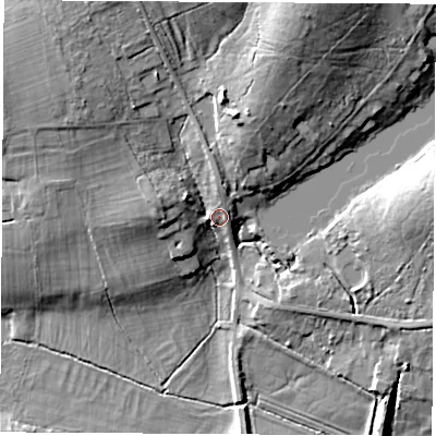 Shaded relief map of the ground around SO507HG, computed from Environment Agency LiDAR. The ground here sits at about 30 m above sea level and falls 22 m across the surrounding 800 m. Surface water reaching this point runs off ground lying to the north-north-west, 10.9 m higher.