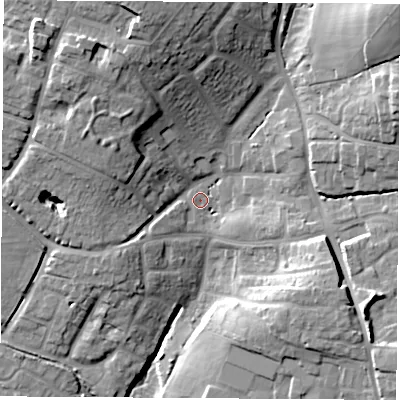 Shaded relief map of the ground around SO507JA, computed from Environment Agency LiDAR. The ground here sits at about 28 m above sea level and falls 28 m across the surrounding 800 m. Surface water reaching this point runs off ground lying to the west-south-west, 4.5 m higher.