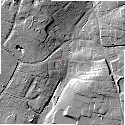 Shaded relief map of the ground around SO507JD, computed from Environment Agency LiDAR. The ground here sits at about 29 m above sea level and falls 22 m across the surrounding 800 m. Surface water reaching this point runs off ground lying to the west, 4.4 m higher.