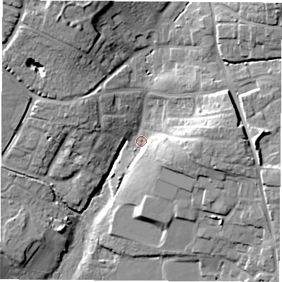 Shaded relief map of the ground around SO507JL, computed from Environment Agency LiDAR. The ground here sits at about 26 m above sea level and falls 22 m across the surrounding 800 m. Surface water reaching this point runs off ground lying to the north-north-west, 15.0 m higher.