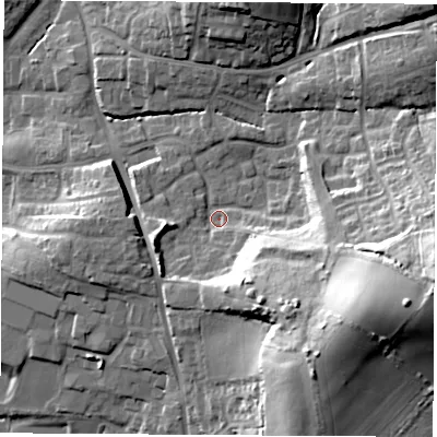 Shaded relief map of the ground around SO507LR, computed from Environment Agency LiDAR. The ground here sits at about 33 m above sea level and falls 34 m across the surrounding 800 m. Surface water reaching this point runs off ground lying to the east-south-east, 27.5 m higher.