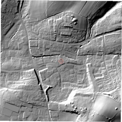 Shaded relief map of the ground around SO507LS, computed from Environment Agency LiDAR. The ground here sits at about 35 m above sea level and falls 34 m across the surrounding 800 m. Surface water reaching this point runs off ground lying to the south-east, 26.4 m higher.
