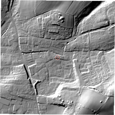 Shaded relief map of the ground around SO507LT, computed from Environment Agency LiDAR. The ground here sits at about 35 m above sea level and falls 35 m across the surrounding 800 m. Surface water reaching this point runs off ground lying to the east-south-east, 29.9 m higher.