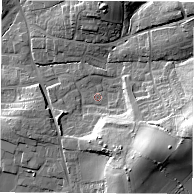 Shaded relief map of the ground around SO507LW, computed from Environment Agency LiDAR. The ground here sits at about 33 m above sea level and falls 35 m across the surrounding 800 m. Surface water reaching this point runs off ground lying to the south-east, 27.5 m higher.