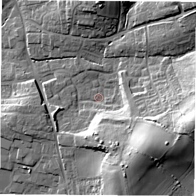 Shaded relief map of the ground around SO507LX, computed from Environment Agency LiDAR. The ground here sits at about 33 m above sea level and falls 36 m across the surrounding 800 m. Surface water reaching this point runs off ground lying to the east-south-east, 27.5 m higher.