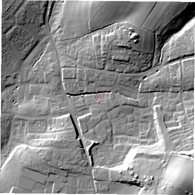 Shaded relief map of the ground around SO507NF, computed from Environment Agency LiDAR. The ground here sits at about 33 m above sea level and falls 33 m across the surrounding 800 m. Surface water reaching this point runs off ground lying to the north-east, 6.0 m higher.