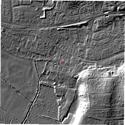 Shaded relief map of the ground around SO508DA, computed from Environment Agency LiDAR. The ground here sits at about 11 m above sea level and falls 17 m across the surrounding 800 m. Surface water reaching this point runs off ground lying to the east, 1.9 m higher.
