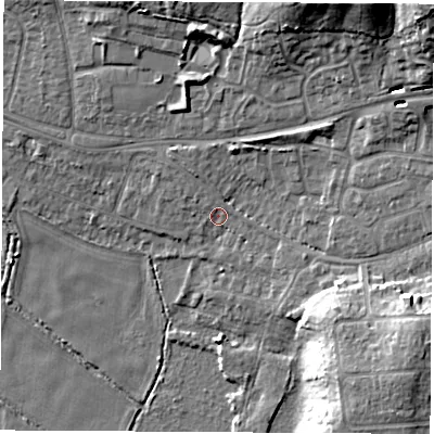 Shaded relief map of the ground around SO508LP, computed from Environment Agency LiDAR. The ground here sits at about 11 m above sea level and falls 22 m across the surrounding 800 m. Surface water reaching this point runs off ground lying to the north-east, 18.9 m higher.