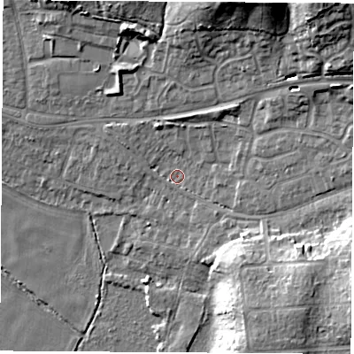 Shaded relief map of the ground around SO508LQ, computed from Environment Agency LiDAR. The ground here sits at about 11 m above sea level and falls 22 m across the surrounding 800 m. Surface water reaching this point runs off ground lying to the north-east, 19.2 m higher.