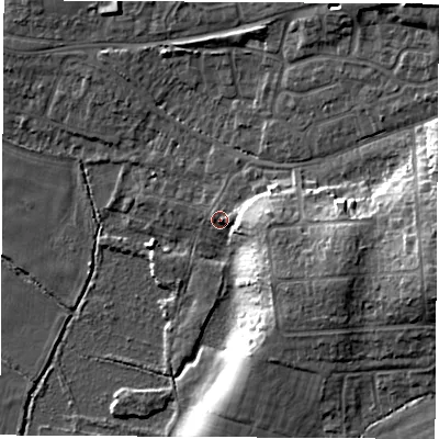 Shaded relief map of the ground around SO508LS, computed from Environment Agency LiDAR. The ground here sits at about 12 m above sea level and falls 17 m across the surrounding 800 m. Surface water reaching this point runs off ground lying to the east, 7.4 m higher.