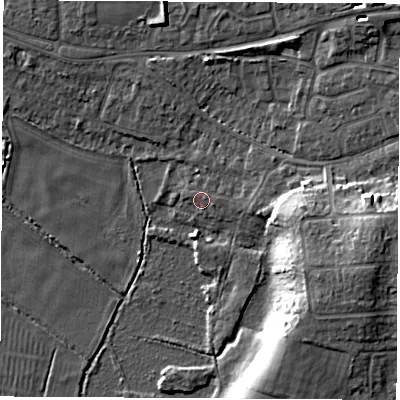 Shaded relief map of the ground around SO508LU, computed from Environment Agency LiDAR. The ground here sits at about 11 m above sea level and falls 14 m across the surrounding 800 m. Surface water reaching this point runs off ground lying to the east, 8.4 m higher.