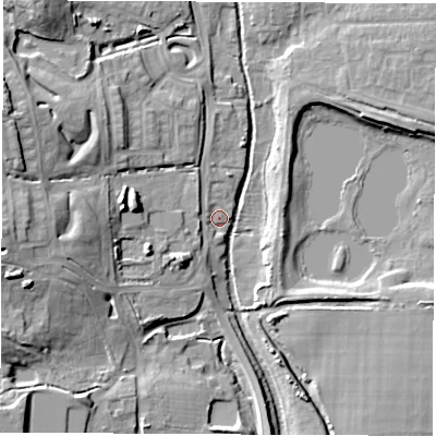 Shaded relief map of the ground around SO509HQ, computed from Environment Agency LiDAR. The ground here sits at about 10 m above sea level and falls 18 m across the surrounding 800 m. Surface water reaching this point runs off ground lying to the west, 10.1 m higher.
