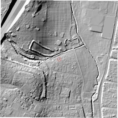 Shaded relief map of the ground around SO509LH, computed from Environment Agency LiDAR. The ground here sits at about 16 m above sea level and falls 25 m across the surrounding 800 m. Surface water reaching this point runs off ground lying to the west-south-west, 10.2 m higher.