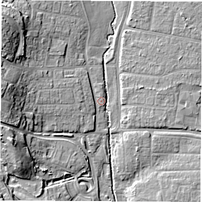 Shaded relief map of the ground around SO509LR, computed from Environment Agency LiDAR. The ground here sits at about 12 m above sea level and falls 19 m across the surrounding 800 m. Surface water reaching this point runs off ground lying to the north-west, 17.8 m higher.