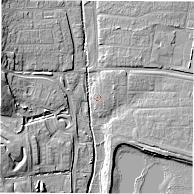 Shaded relief map of the ground around SO509NQ, computed from Environment Agency LiDAR. The ground here sits at about 12 m above sea level and falls 16 m across the surrounding 800 m. Surface water reaching this point runs off ground lying to the north-east, 0.6 m higher.