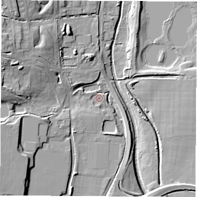 Shaded relief map of the ground around SO509NW, computed from Environment Agency LiDAR. The ground here sits at about 10 m above sea level and falls 19 m across the surrounding 800 m. Surface water reaching this point runs off ground lying to the west-north-west, 17.1 m higher.