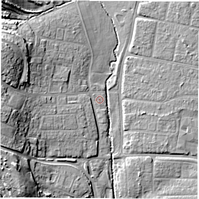 Shaded relief map of the ground around SO509PY, computed from Environment Agency LiDAR. The ground here sits at about 12 m above sea level and falls 19 m across the surrounding 800 m. The ground contributing surface water to this point lies to the north-east.