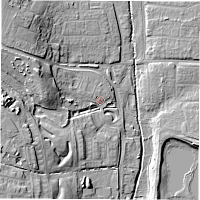 Shaded relief map of the ground around SO509RL, computed from Environment Agency LiDAR. The ground here sits at about 13 m above sea level and falls 21 m across the surrounding 800 m. Surface water reaching this point runs off ground lying to the west, 16.8 m higher.