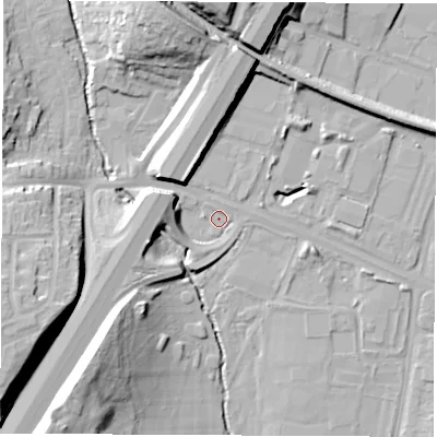 Shaded relief map of the ground around SO509YX, computed from Environment Agency LiDAR. The ground here sits at about 16 m above sea level and falls 22 m across the surrounding 800 m. Surface water reaching this point runs off ground lying to the north, 13.3 m higher.