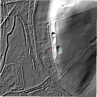 Shaded relief map of the ground around SO510AE, computed from Environment Agency LiDAR. The ground here sits at about 23 m above sea level and falls 39 m across the surrounding 800 m. Surface water reaching this point runs off ground lying to the north-east, 28.0 m higher.