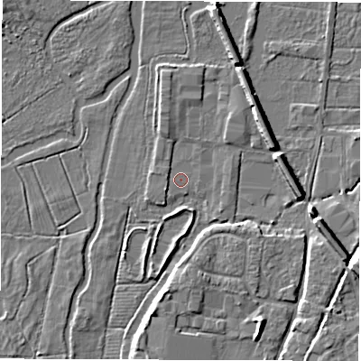 Shaded relief map of the ground around SO510AJ, computed from Environment Agency LiDAR. The ground here sits at about 15 m above sea level and falls 9 m across the surrounding 800 m. Surface water reaching this point runs off ground lying to the north-east, 4.3 m higher.