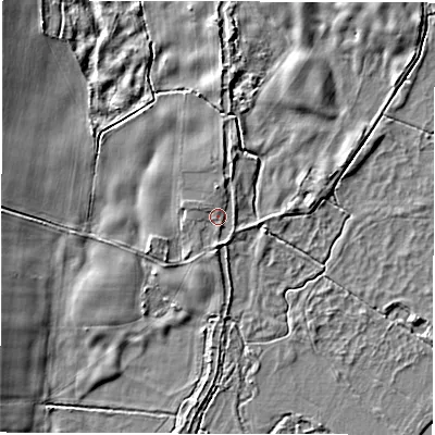 Shaded relief map of the ground around SO510DR, computed from Environment Agency LiDAR. The ground here sits at about 25 m above sea level and falls 7 m across the surrounding 800 m. Surface water reaching this point runs off ground lying to the north, 1.6 m higher.