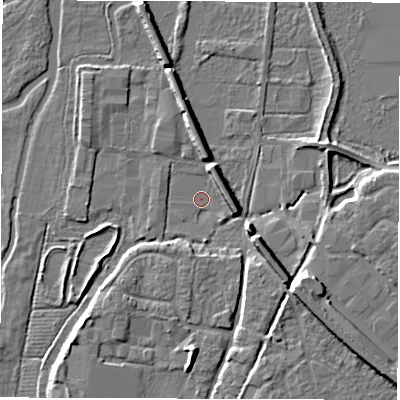 Shaded relief map of the ground around SO510EZ, computed from Environment Agency LiDAR. The ground here sits at about 15 m above sea level and falls 8 m across the surrounding 800 m. Surface water reaching this point runs off ground lying to the south-east, 6.6 m higher.