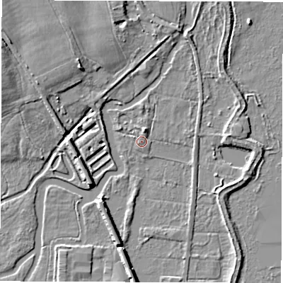 Shaded relief map of the ground around SO510HB, computed from Environment Agency LiDAR. The ground here sits at about 17 m above sea level and falls 6 m across the surrounding 800 m. Surface water reaching this point runs off ground lying to the north-north-east, 2.0 m higher.