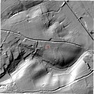 Shaded relief map of the ground around SO510HE, computed from Environment Agency LiDAR. The ground here sits at about 44 m above sea level and falls 37 m across the surrounding 800 m. Surface water reaching this point runs off ground lying to the north-west, 3.2 m higher.