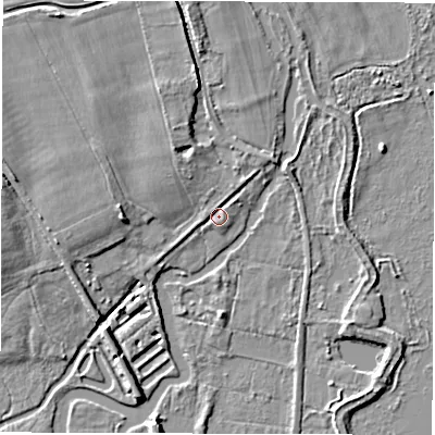 Shaded relief map of the ground around SO510HP, computed from Environment Agency LiDAR. The ground here sits at about 17 m above sea level and falls 7 m across the surrounding 800 m. Surface water reaching this point runs off ground lying to the north-east, 1.3 m higher.