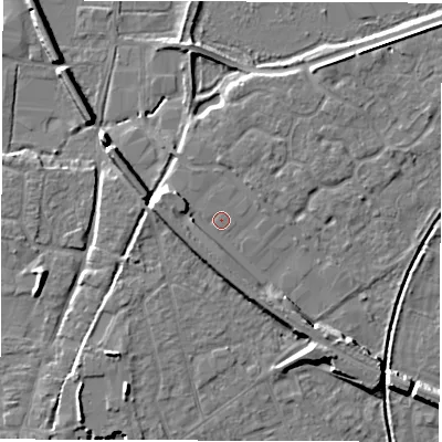 Shaded relief map of the ground around SO510HR, computed from Environment Agency LiDAR. The ground here sits at about 19 m above sea level and falls 8 m across the surrounding 800 m. Surface water reaching this point runs off ground lying to the west-north-west, 3.1 m higher.