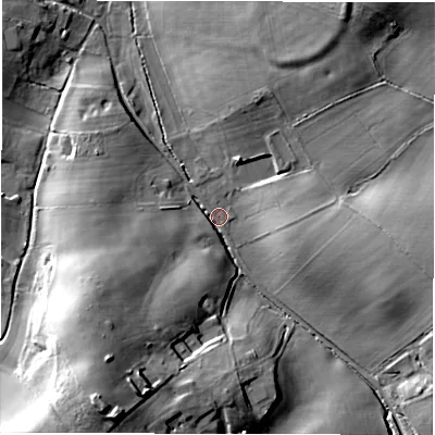 Shaded relief map of the ground around SO510JA, computed from Environment Agency LiDAR. The ground here sits at about 37 m above sea level and falls 32 m across the surrounding 800 m. Surface water reaching this point runs off ground lying to the south-south-west, 27.0 m higher.