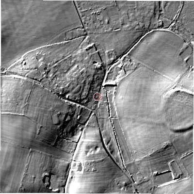Shaded relief map of the ground around SO510JF, computed from Environment Agency LiDAR. The ground here sits at about 32 m above sea level and falls 24 m across the surrounding 800 m. Surface water reaching this point runs off ground lying to the south-west, 18.3 m higher.